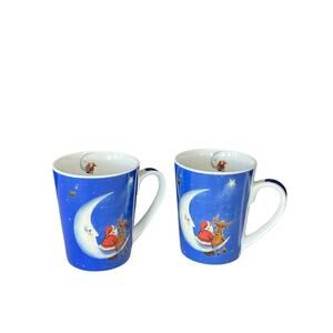 Santa Crescent Moon Stars Planets Christmas Mug Cup Set Of 2 Blue Reindeer